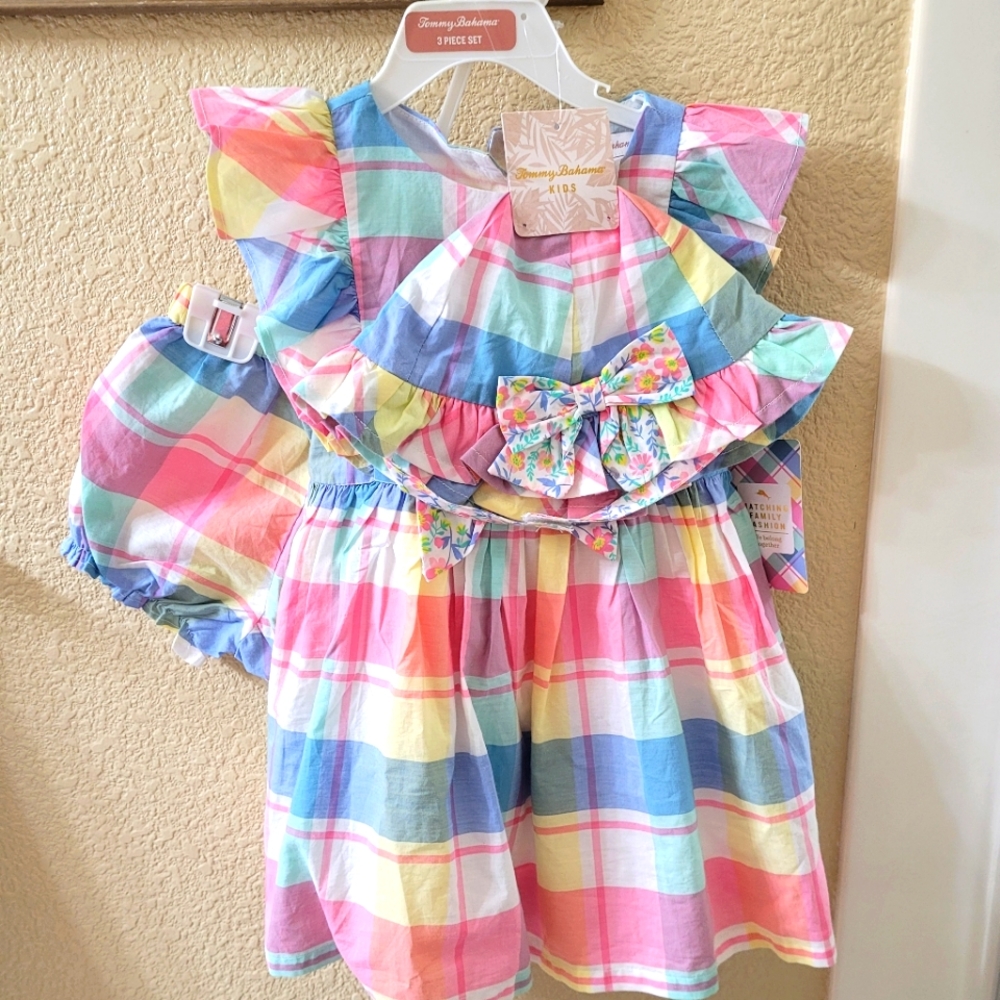 Tommy Bahama Baby Girl 24M Pastel Plaid 3 Piece Dress Set w/ Bloomers & Bonnet